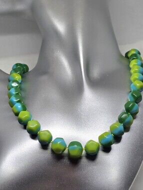 Vintage Japan Mod Fun Pop Art 16" Lucite Beaded Necklace Green Blue Lime 60s 70s
